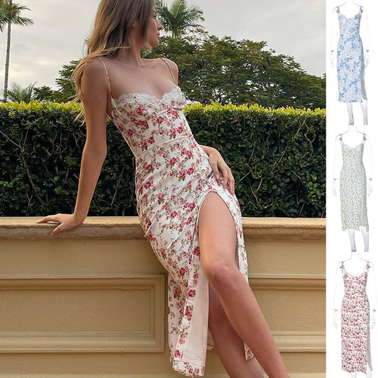 Summer Lace Flowers Print Long Sexy Fashion Slit Suspender Dress