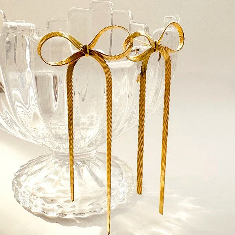 18k Gold Plated Stainless Steel Herringbone Bow Earrings
