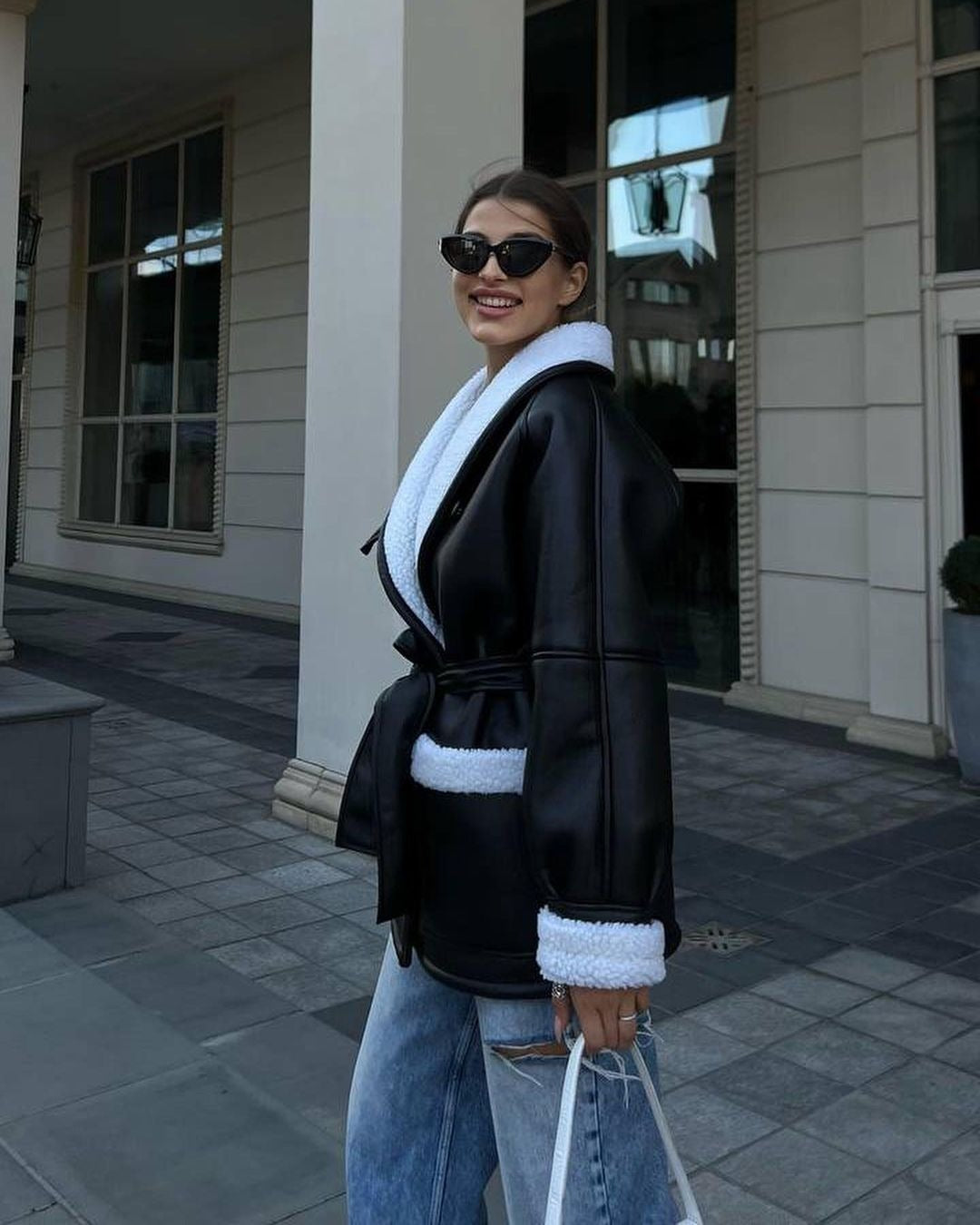 Women's Korean Style Leather And Fur Long Sleeve Coat