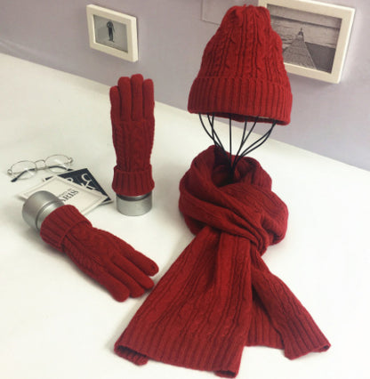 Ladies Fashion Solid Color Twist Warm Hat Scarf Glove Set