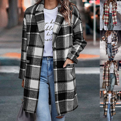 Fashion Plaid Long Jacket Autumn And Winter Turndown Collar Woolen Coat