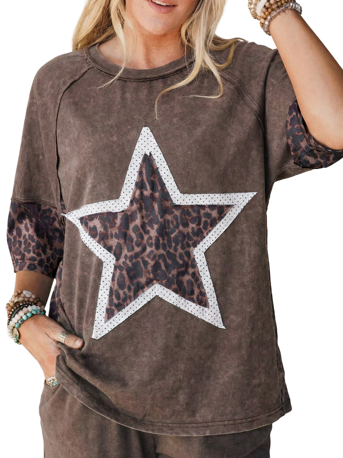 16th Avenue Five-pointed Star Leopard Print Old T-shirt - Women's Clothing