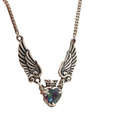 Vintage Gothic Heart Crown Angel Wings Pendant Necklace - 16th Avenue