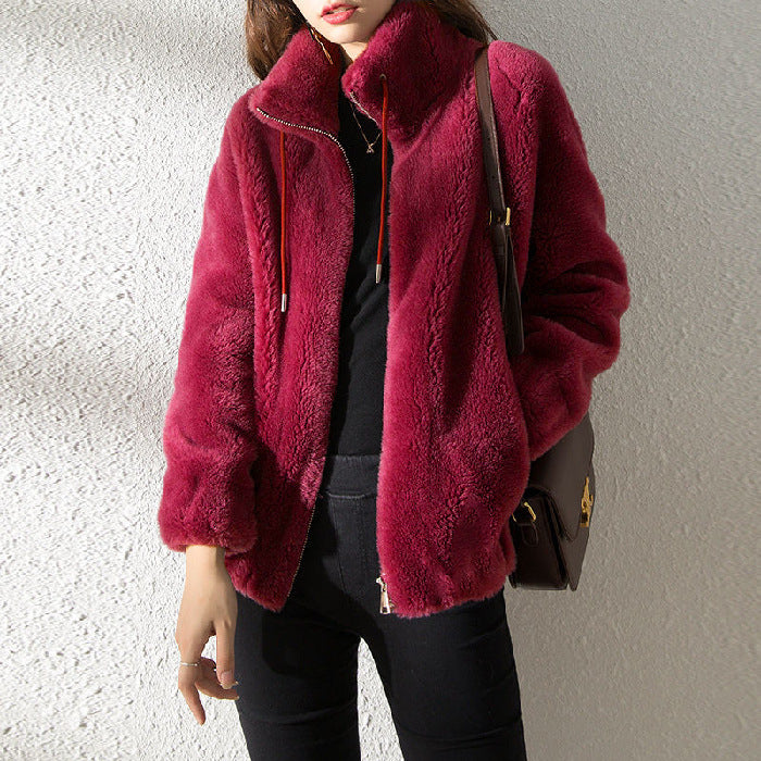 Double Faced Fleece Warm High Neck Women's Cardigan Sweater