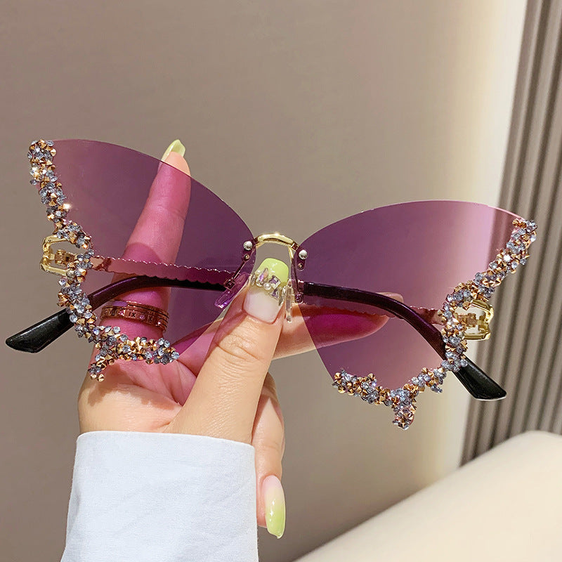 Luxury Diamond Butterfly Sunglasses Y2K Vintage Rimless Oversized Sun Glasses