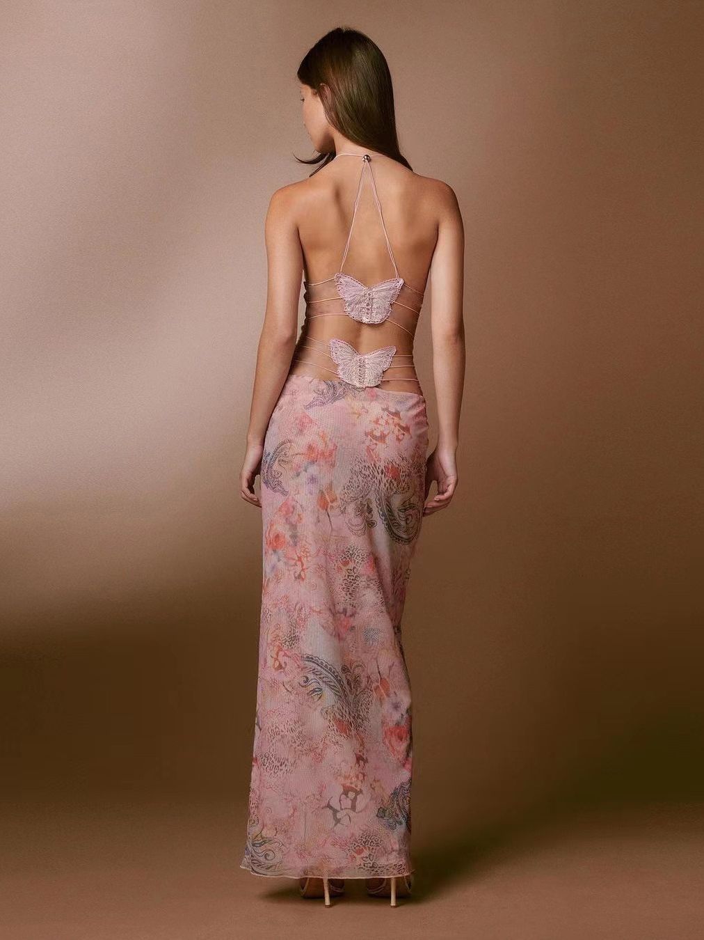 Sexy Spring Summer Floral Print Halter Spaghetti Strap Butterfly Back Dress