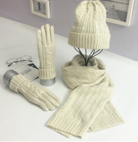 Ladies Fashion Solid Color Twist Warm Hat Scarf Glove Set