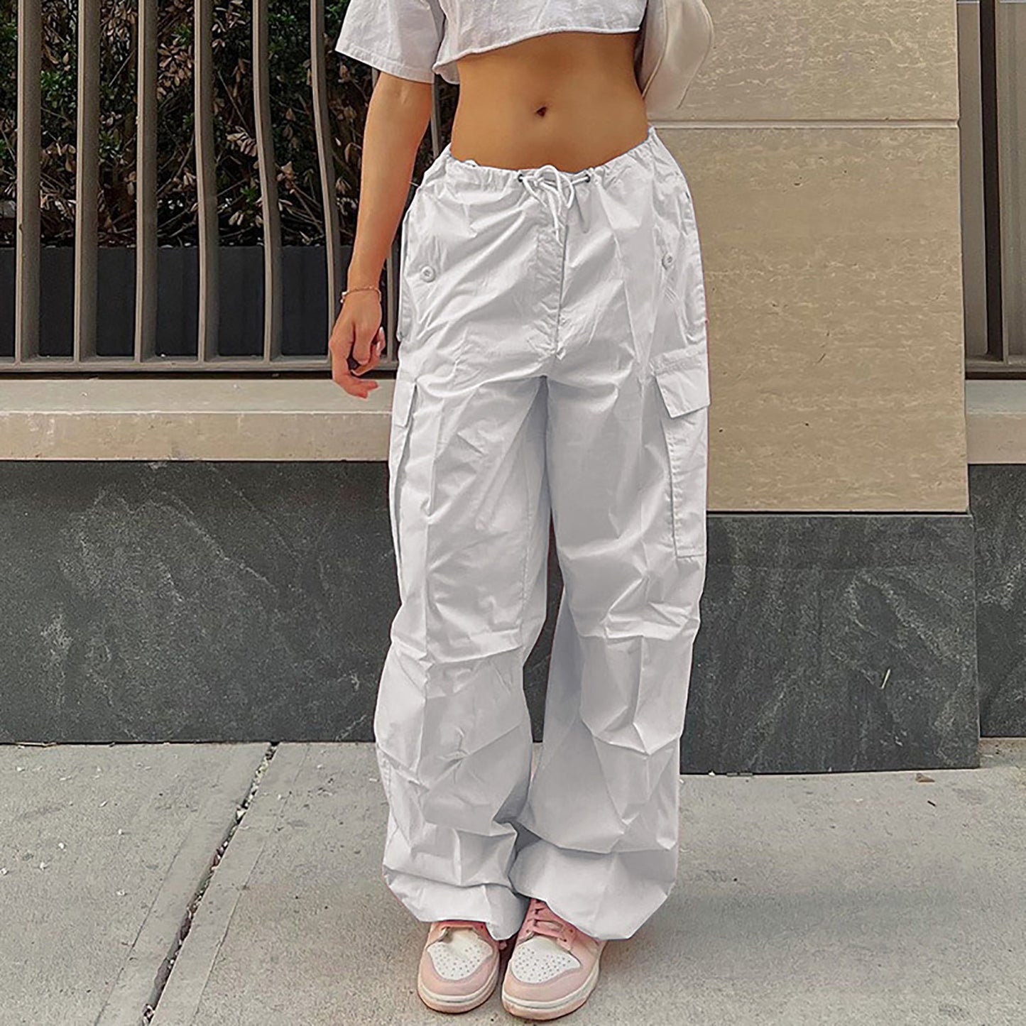 Casual Solid Color Drawstring Cargo Pants Pocket Design Street Fashion