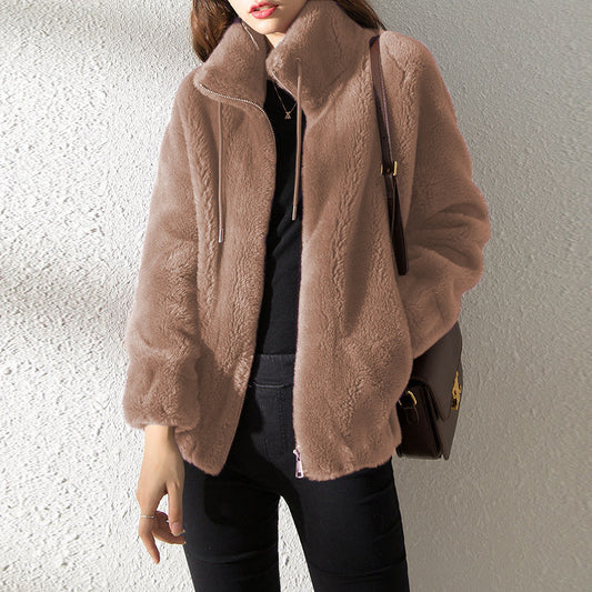 Double Faced Fleece Warm High Neck Women's Cardigan Sweater