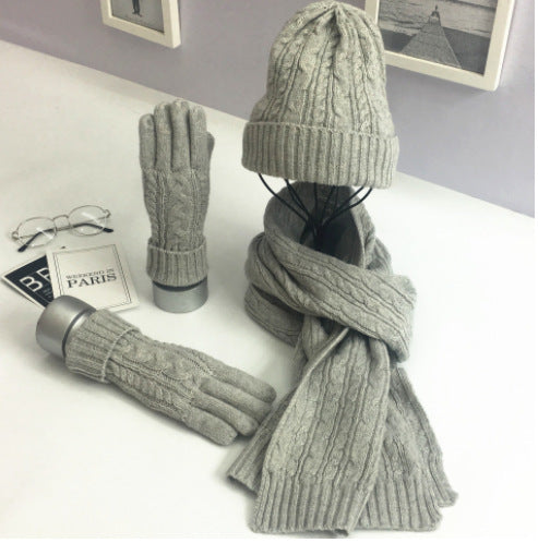 Ladies Fashion Solid Color Twist Warm Hat Scarf Glove Set