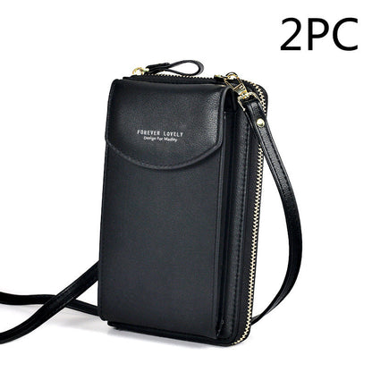 Black crossbody wallet purse with gold zipper, adjustable strap, and 'Forever Lovely' text