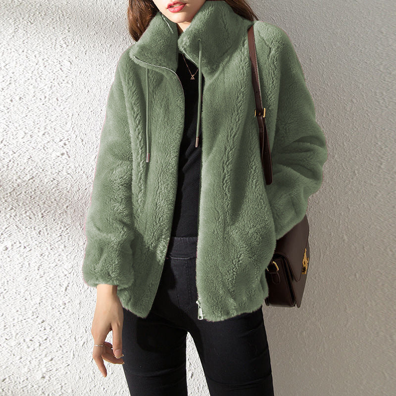 Double Faced Fleece Warm High Neck Women's Cardigan Sweater