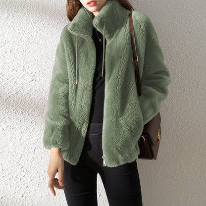 Double Faced Fleece Warm High Neck Women's Cardigan Sweater