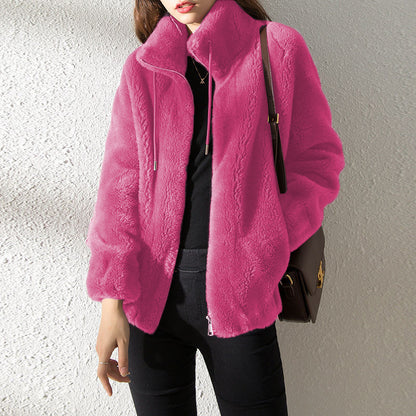Double Faced Fleece Warm High Neck Women's Cardigan Sweater