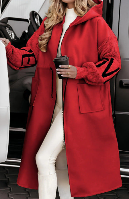 Women's Hooded Long Jacket Knit-Sleeved Trench Coat