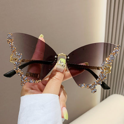 Luxury Diamond Butterfly Sunglasses Y2K Vintage Rimless Oversized Sun Glasses - 16th Avenue