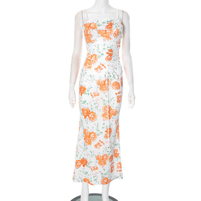 Waist Trimming Spaghetti Strap Printed Lace Up Dress - 16th Avenue