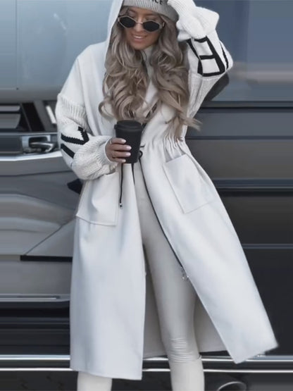 Women's Hooded Long Jacket Knit-Sleeved Trench Coat