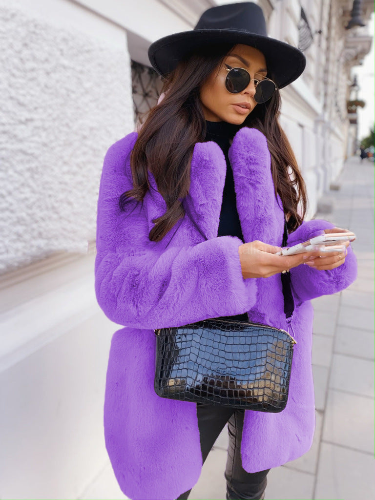Temperament Long Sleeve Lapel Faux Fur Coat