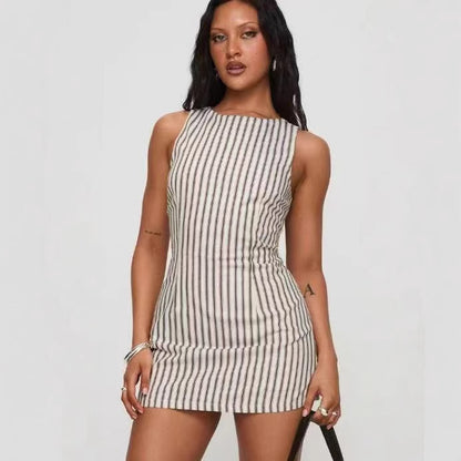 Round-neck Comfortable Casual Striped Sleeveless Dress - 16th Avenue