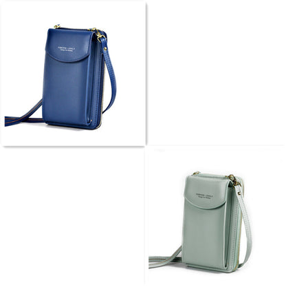Two crossbody phone wallets, one blue and one light green, with zippered compartments on white background