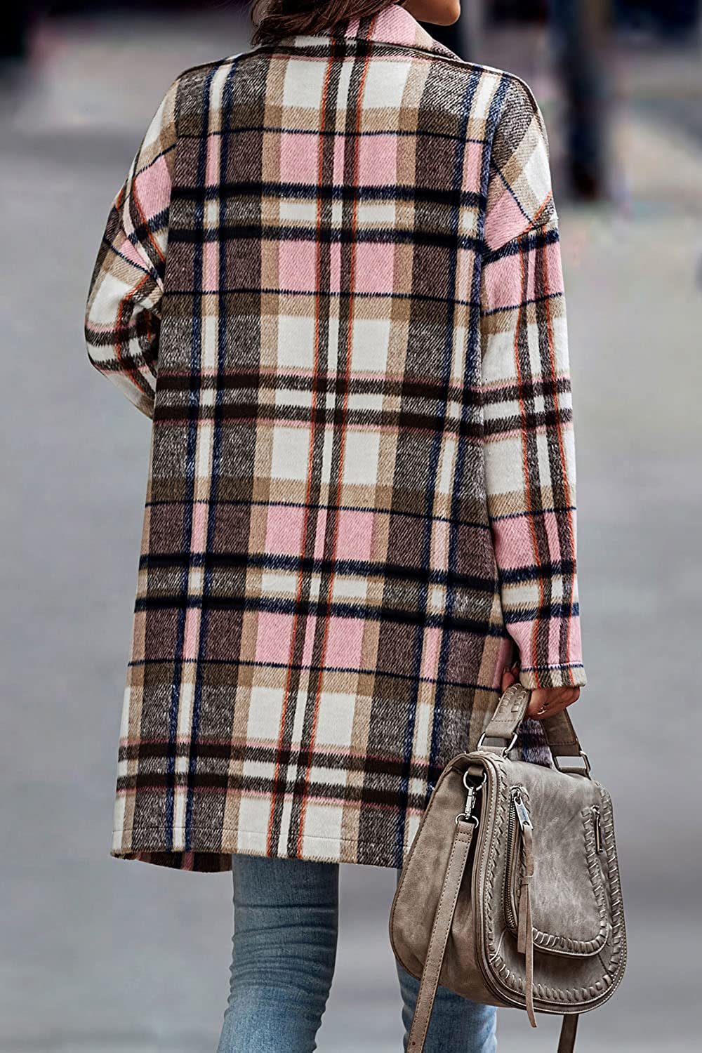 Fashion Plaid Long Jacket Autumn And Winter Turndown Collar Woolen Coat