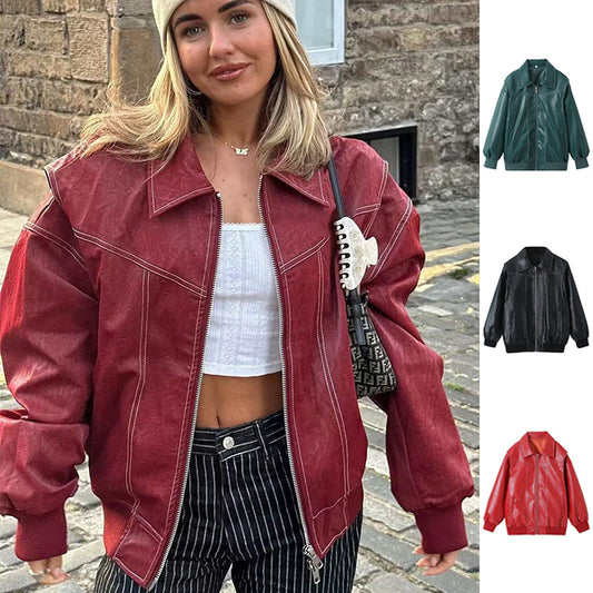 Loose Fashion Lapel Zip-up Long Sleeve Leather Jacket