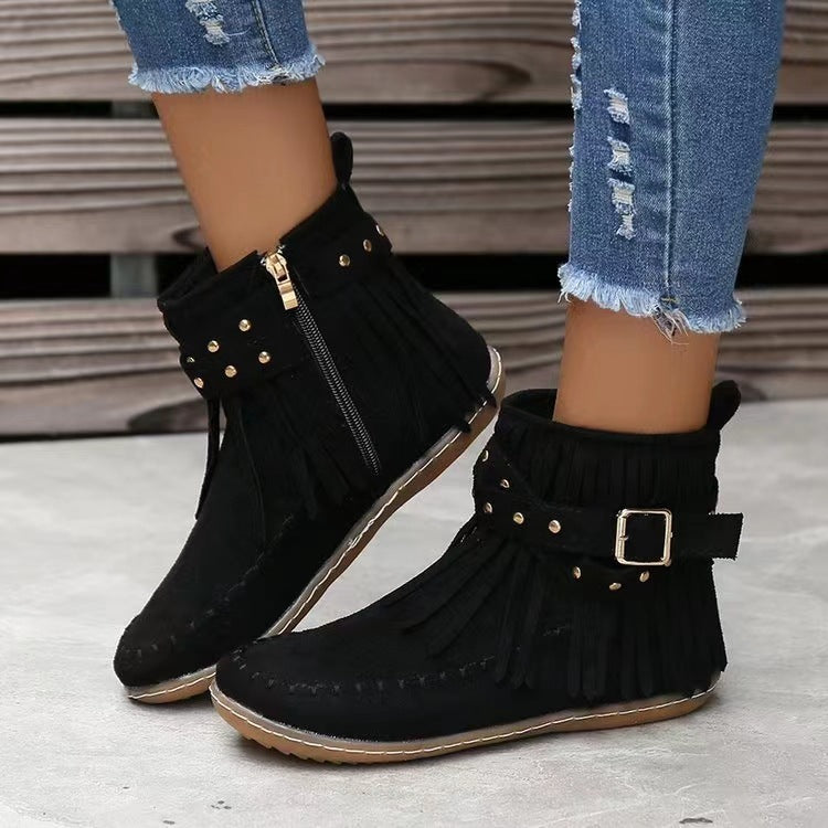 Women's Retro Ankle Rivet Tassel Flat Shoes