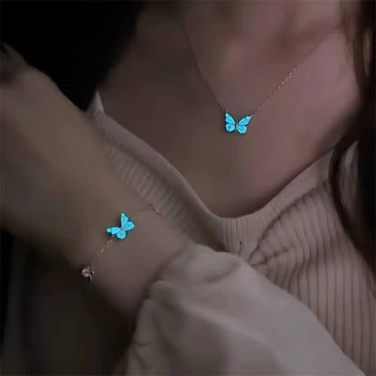 Fashion Blue Luminous Butterfly Necklace Bracelet Set - 16th Avenue