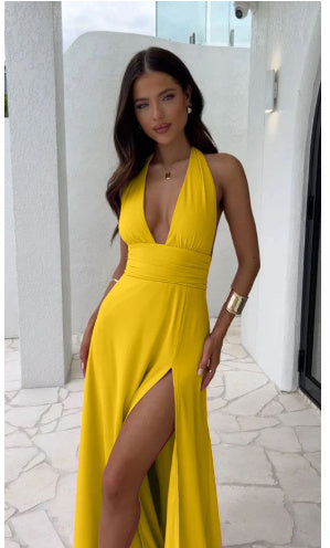 Sexy Halterneck V-neck Slit Backless Maxi Dress - 16th Avenue