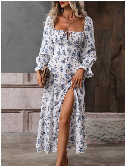 Flowers Print Long Sleeve Fashion Square-neck Bottom Slit Dress - 16th Avenue