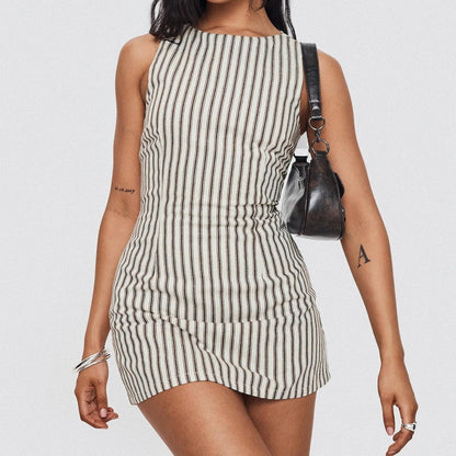 Round-neck Comfortable Casual Striped Sleeveless Dress - 16th Avenue