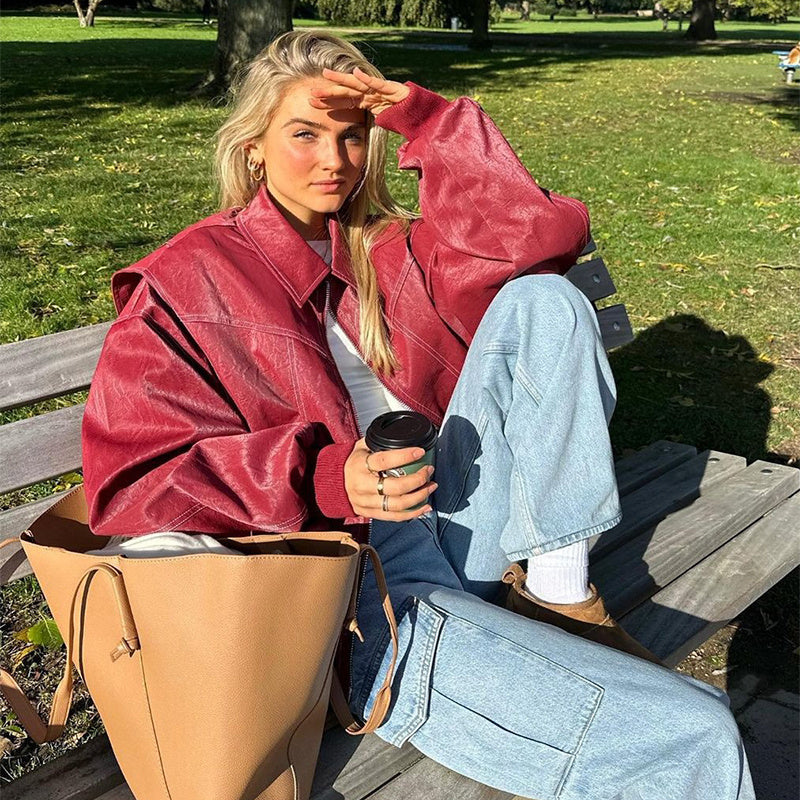 Loose Fashion Lapel Zip-up Long Sleeve Leather Jacket