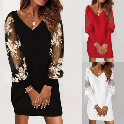 Long-sleeved V-neck Spring And Autumn Lace Splicing Dress - 16th Avenue