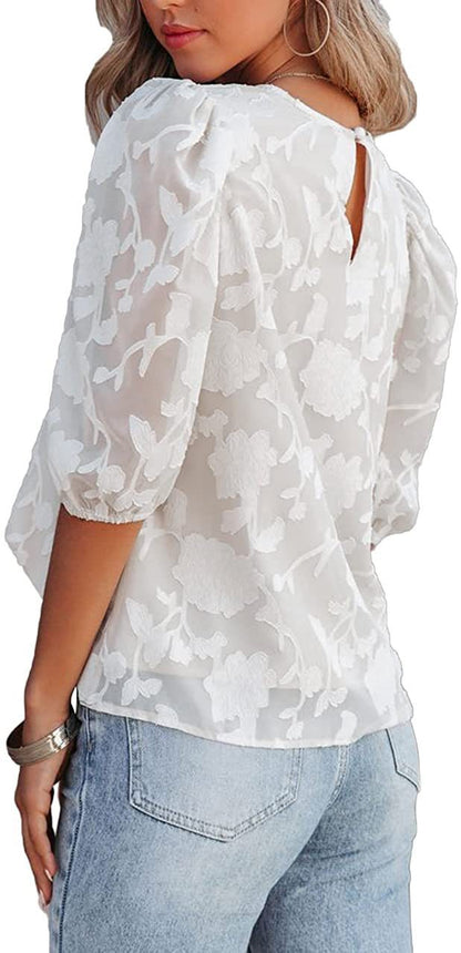 Puff Sleeve Chiffon Loose Top Flower Texture Shirt - 16th Avenue