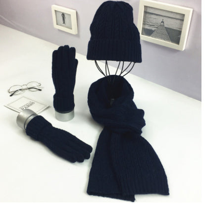 Ladies Fashion Solid Color Twist Warm Hat Scarf Glove Set