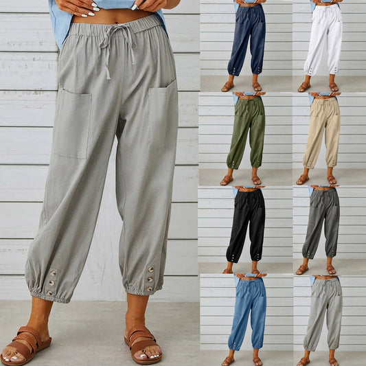 Women's Drawstring Spring Summer Cotton And Linen Trousers With Pockets Button
