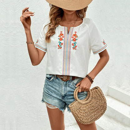 White V-neck Flowers Embroider Top - 16th Avenue