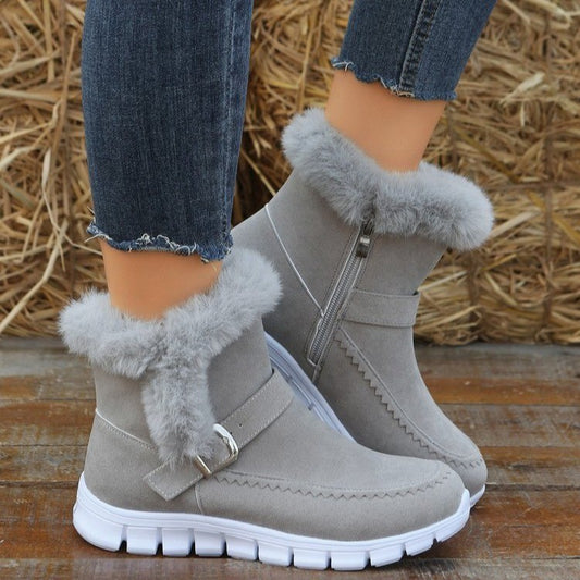 New Snow Boots Plush Ankle With Buckle Design Plus Velvet Flat Shoes
