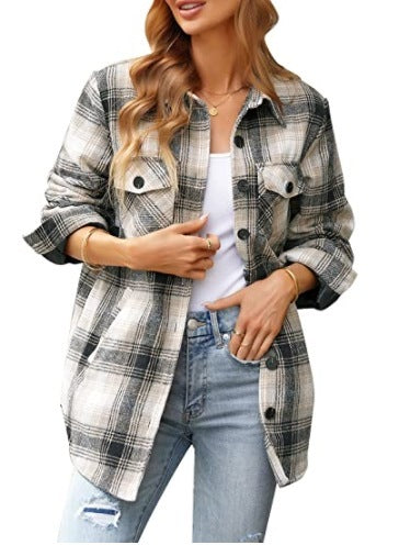 Women Oversized Check Button Shirt Jacket - 16th Avenue