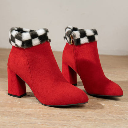 Plaid Print Plush Ankle Autumn Winter Fashion Boots - 16th Avenue