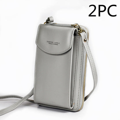 Gray crossbody phone bag with zipper, gold hardware, and 'Forever Lovely' text, 2PC set
