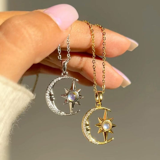 Stainless Steel Fashion Moon Star Zircon Pendant Necklace