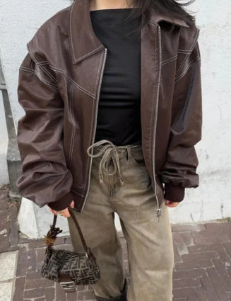 Loose Fashion Lapel Zip-up Long Sleeve Leather Jacket