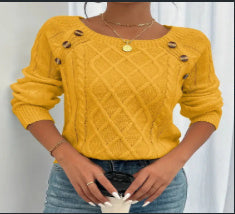 Ladies Square Neck Long Sleeve Knitted Sweater With Button Design