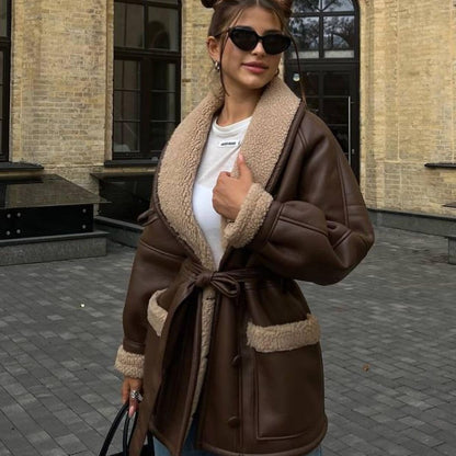 Women's Korean Style Leather And Fur Long Sleeve Coat