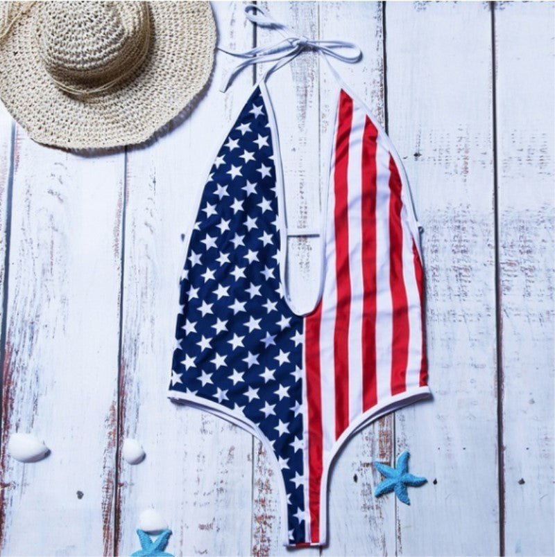 Flag Print Deep V Strap Slim One - Piece Swimsuit - 16th Avenue