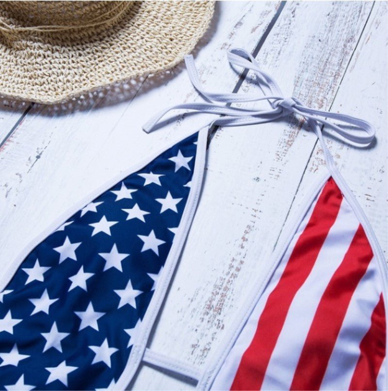 Flag Print Deep V Strap Slim One - Piece Swimsuit - 16th Avenue