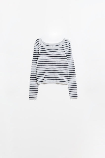 Q2 Grey Striped Fine Knit Sweater With Boat Neck - Women's Fashion - Women's Clothing - Sweaters - Pullovers