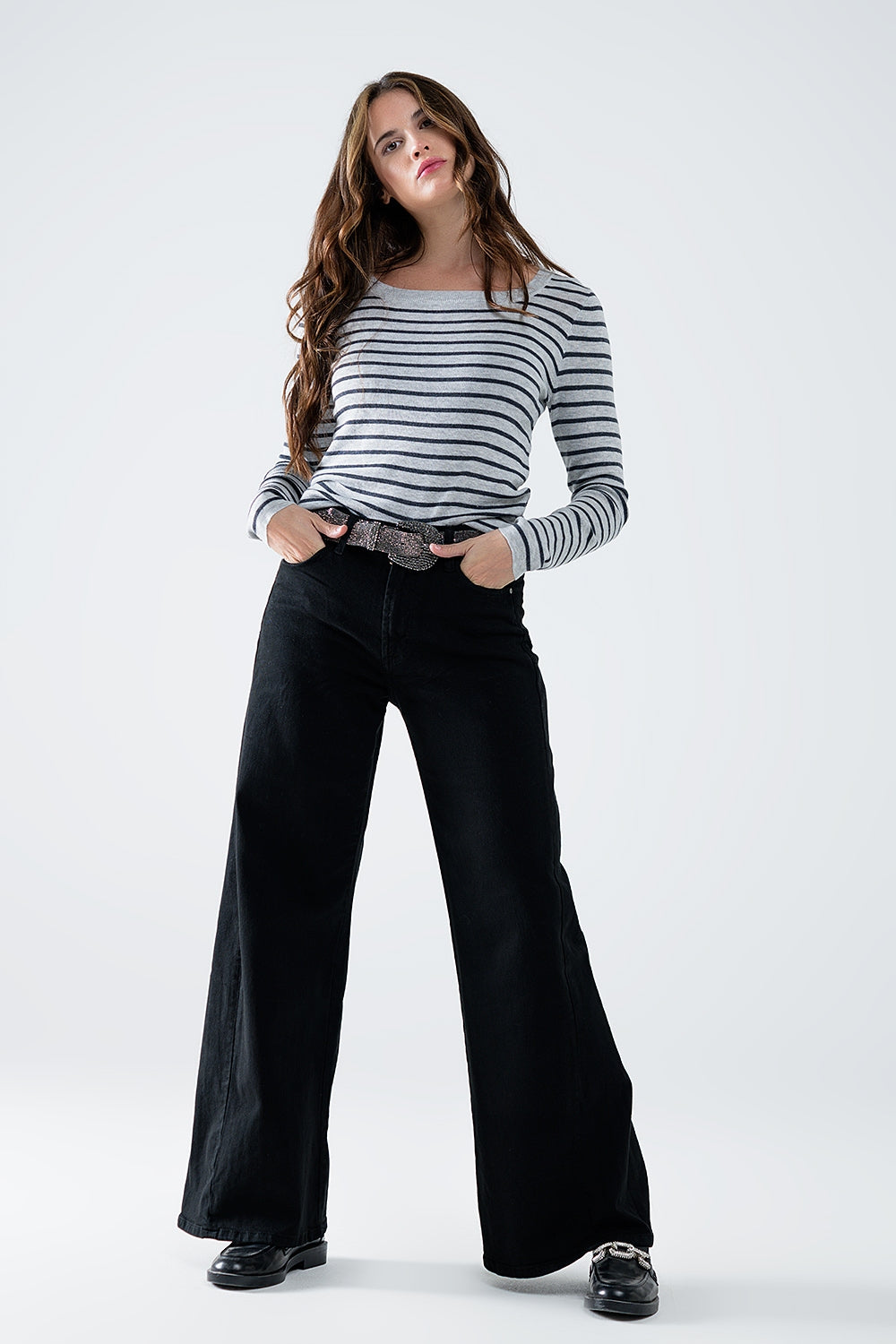 Q2 Grey Striped Fine Knit Sweater With Boat Neck - Women's Fashion - Women's Clothing - Sweaters - Pullovers